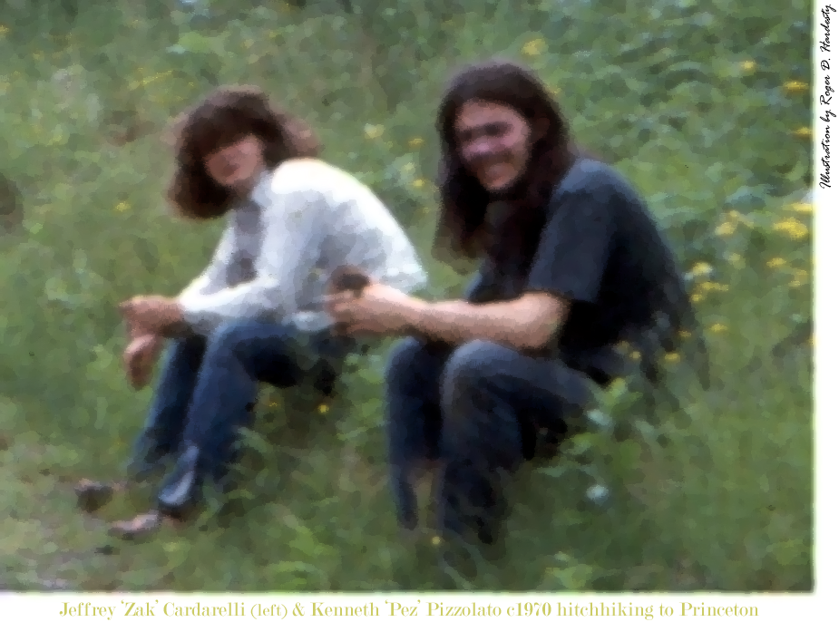 Kenneth Pizzolato (right) with Jeffrey 'Zak' Cardarelli, in idle moment hitchhiking to Princeton.